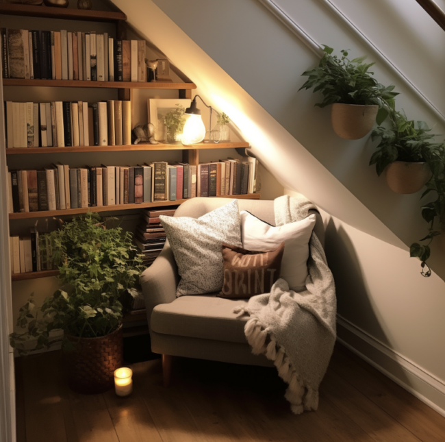 Reading nook under a staircase with comfortable chair and bookshelves full of books.